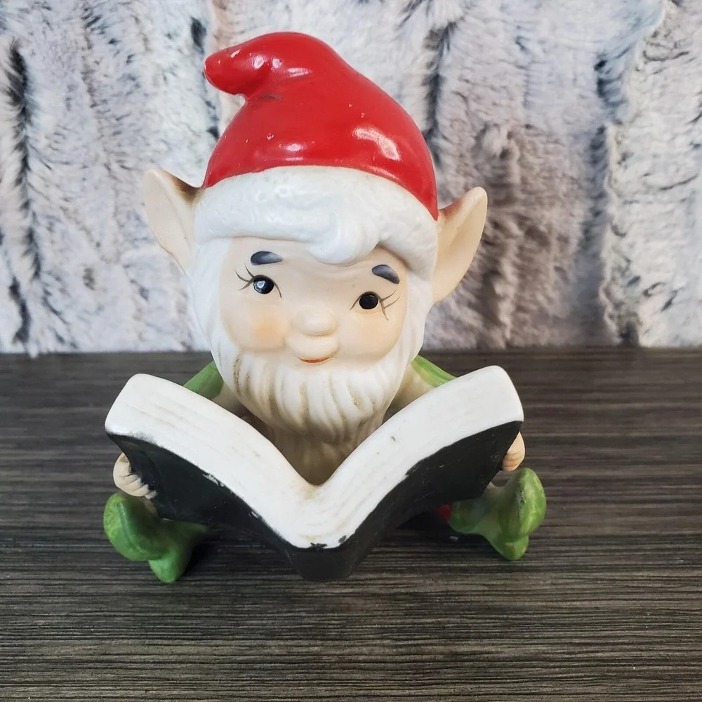 Christmas Elf Figurines Vintage Homco Ceramic Porcelain Set of Two 3.75